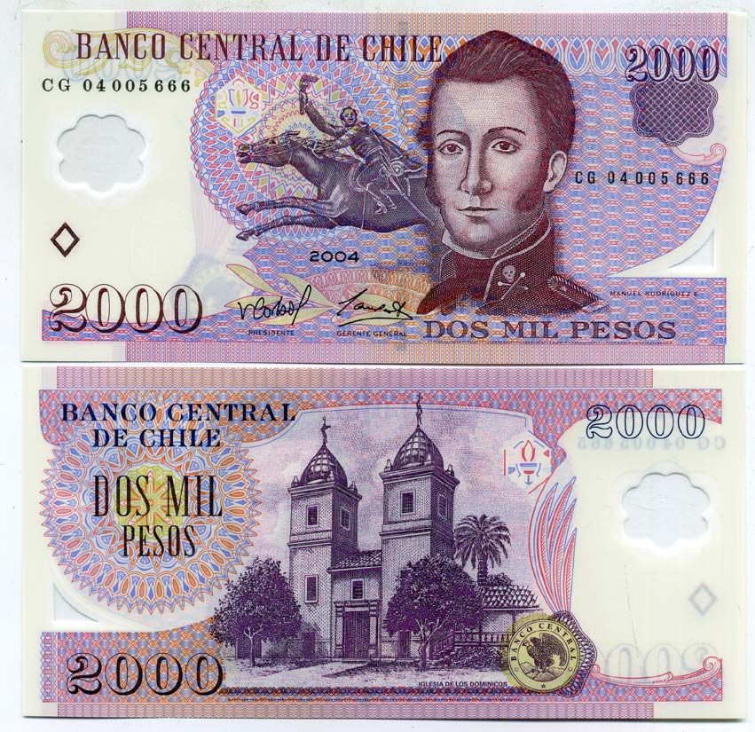 Чили 2000 песо 2004 Мануэль Родригес Торисес Pick 160a пластик UNC (пресс) 447-88-1