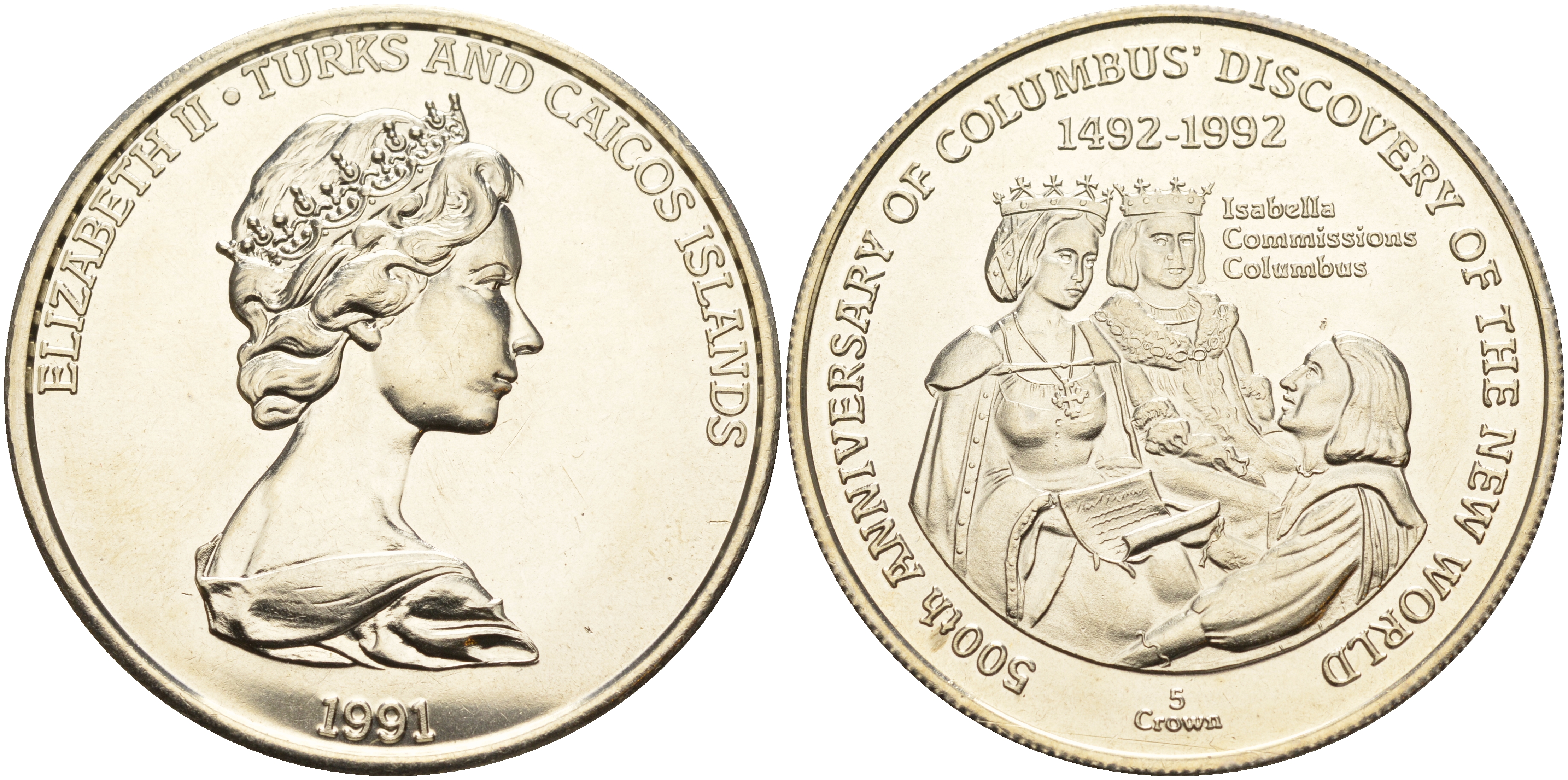 Теркс и Кайкос 5 крон 1991 500 лет открытия Америки, Колумб и королева Изабелла KM 75 медно-никель  UNC 1078-1-63