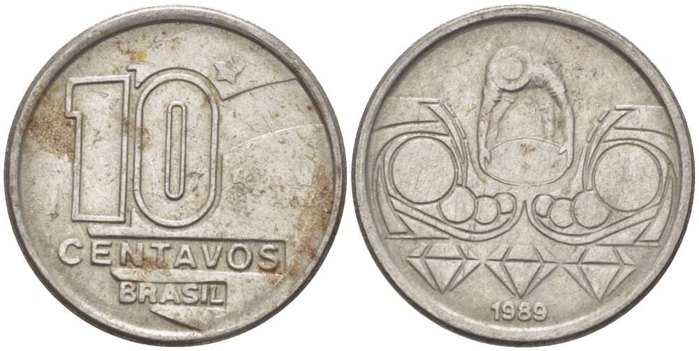 Бразилия 10 сентаво 1989 золотодобыча KM 613 нержавеющая сталь 105-1234