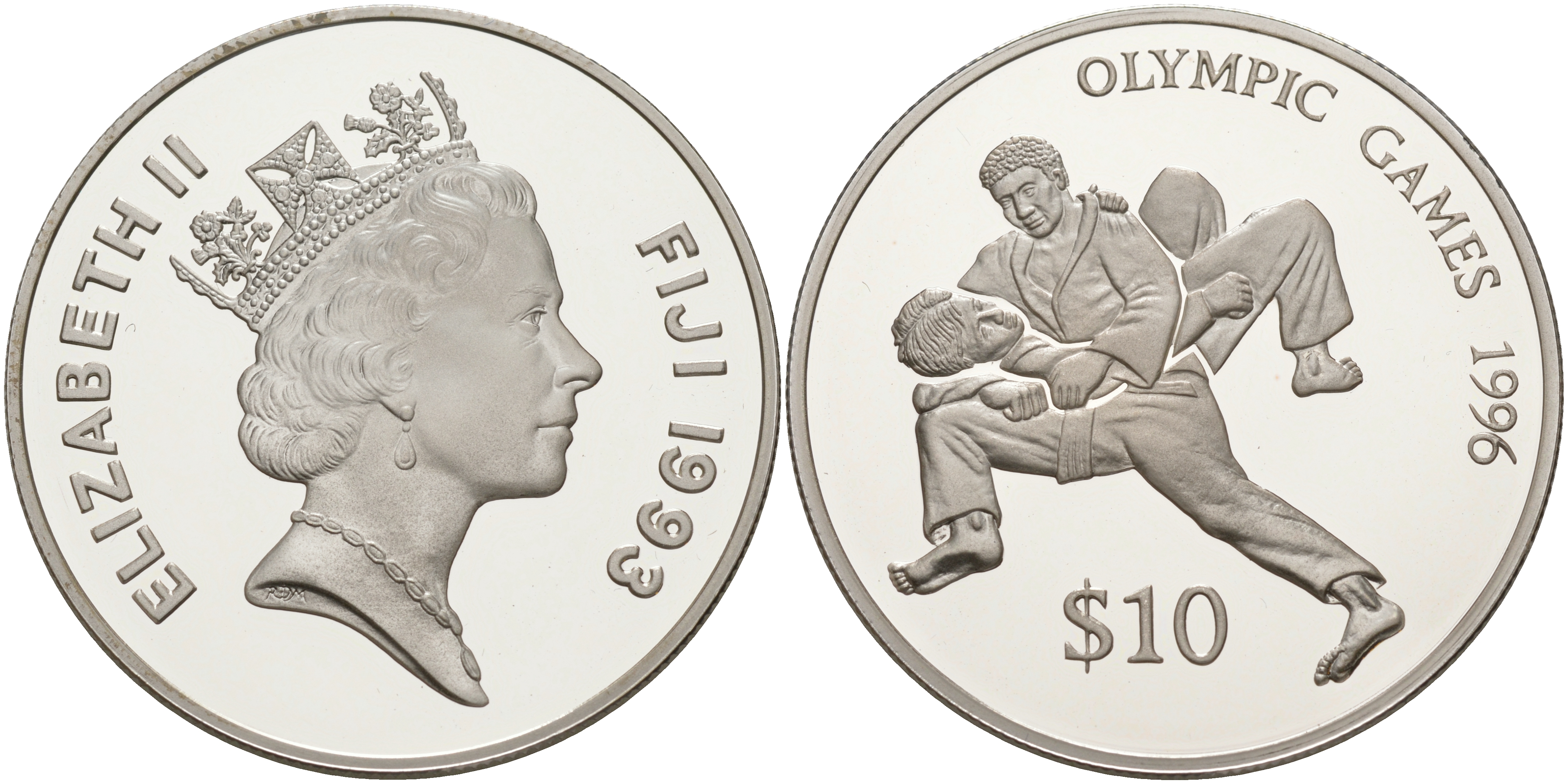 Фиджи 10 долларов 1993 Олимпийские игры 1996 года в Атланте, борьба KM 67 серебро PROOF 1074-3-62