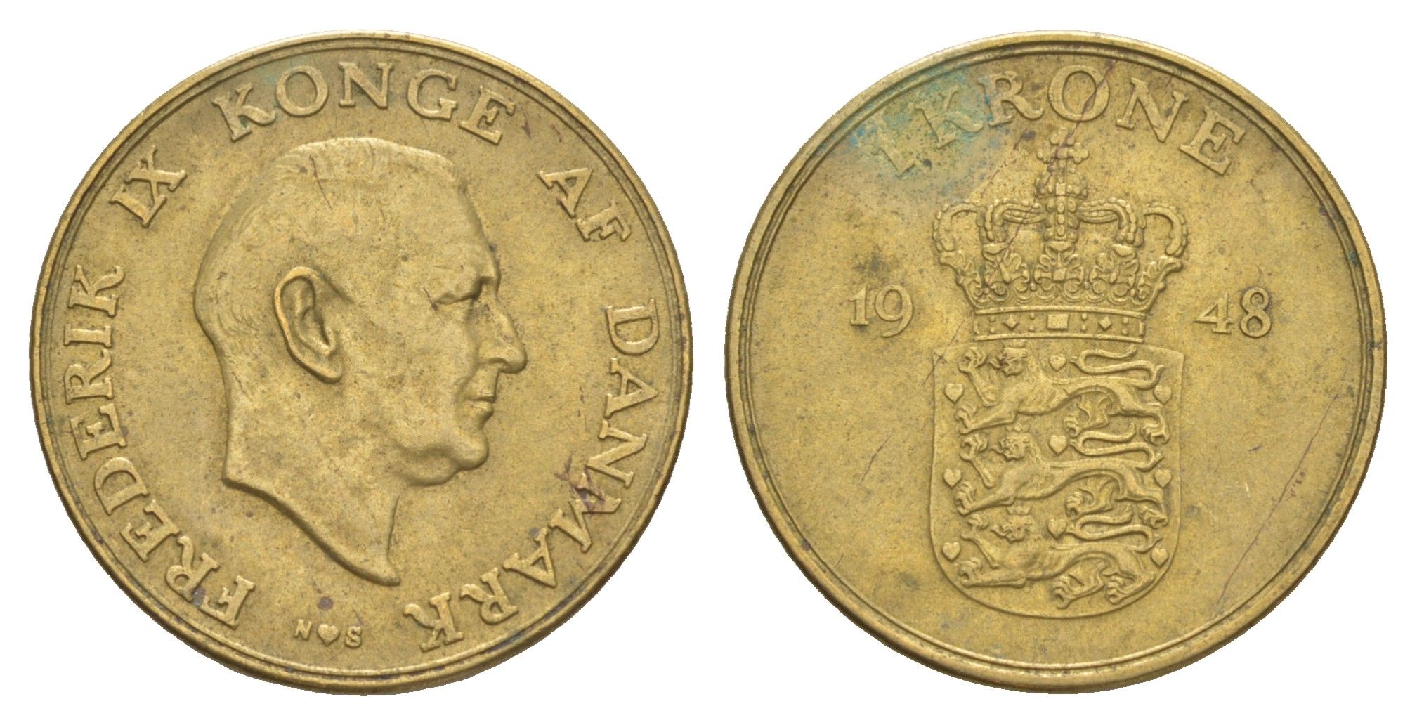 Дания 1 крона 1948 N, Фредерик IX (1947-1972) KM 837 алюминиевая бронза 4638-716