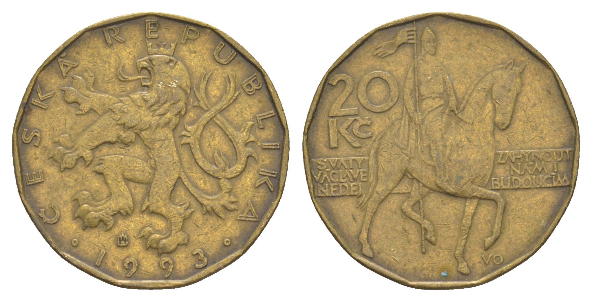 Чехия 20 крон 1993 чешский лев, герцог Вацлав на коне KM 5 сталь плакированная латунью 4529-726