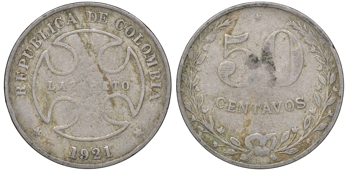Колумбия 50 сентаво 1921 государственный лепрозорий KM L13 медно-никель 53-931