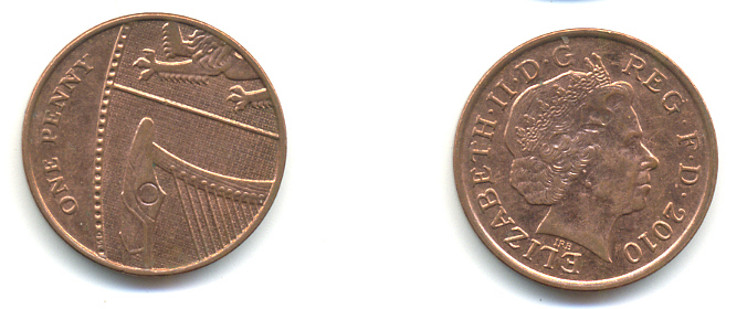 Великобритания 1 пенни 2010 Елизавета II (1952-2022) KM 1107, Spink B6 сталь плакированная медью 177-1218