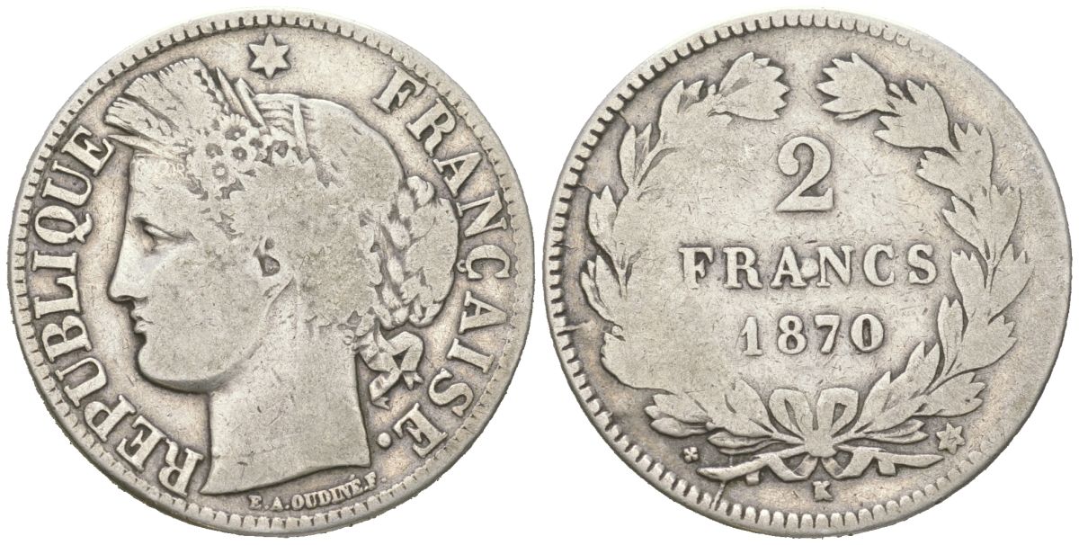 Франция 2 франка 1870 K KM 816.2 серебро 4044-432