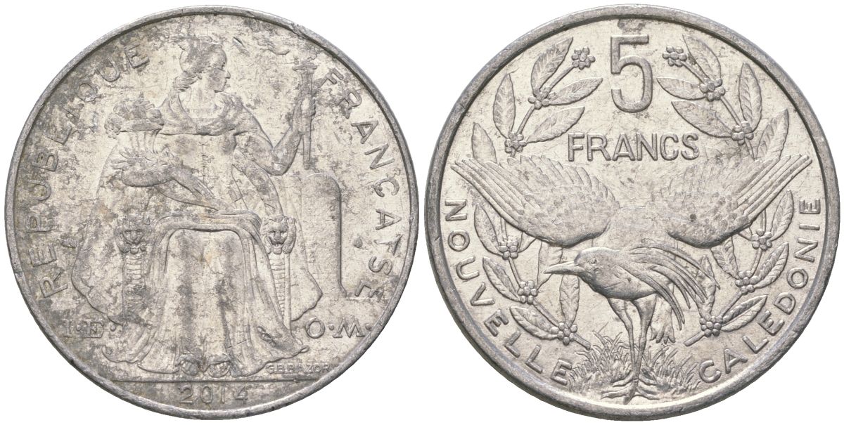 Французская Новая Каледония 5 франков 2014 птица кагу, (IEOM) KM 16, Schoen 12, Lec 81k алюминий 4117-624