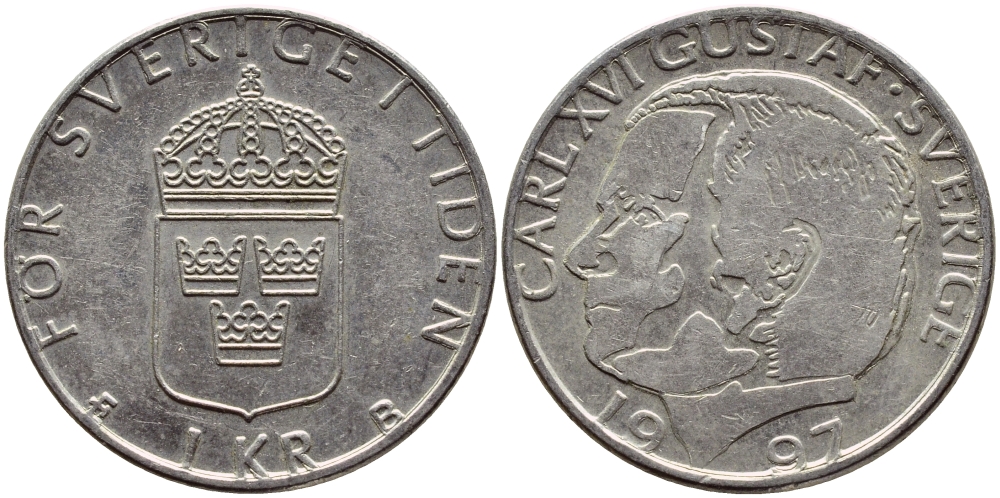 Швеция 1 крона 1997 Карл XVI Густав (1973- ) KM 852a медно-никель 4381-535