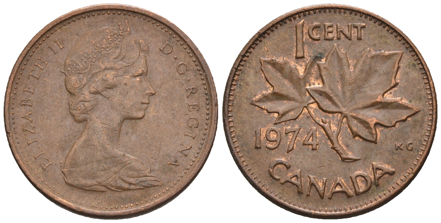 Канада 1 цент 1974 Елизавета II (1952-2022), кленовый лист KM 59.1 бронза 4609-139