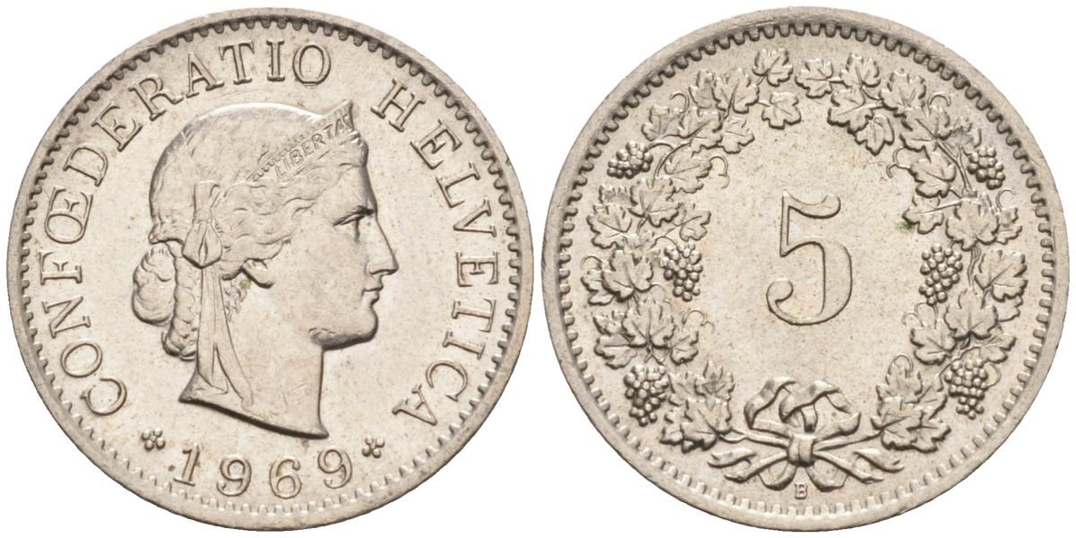 Швейцария 5 раппенов 1969 В KM 26 медно-никель 4594-622