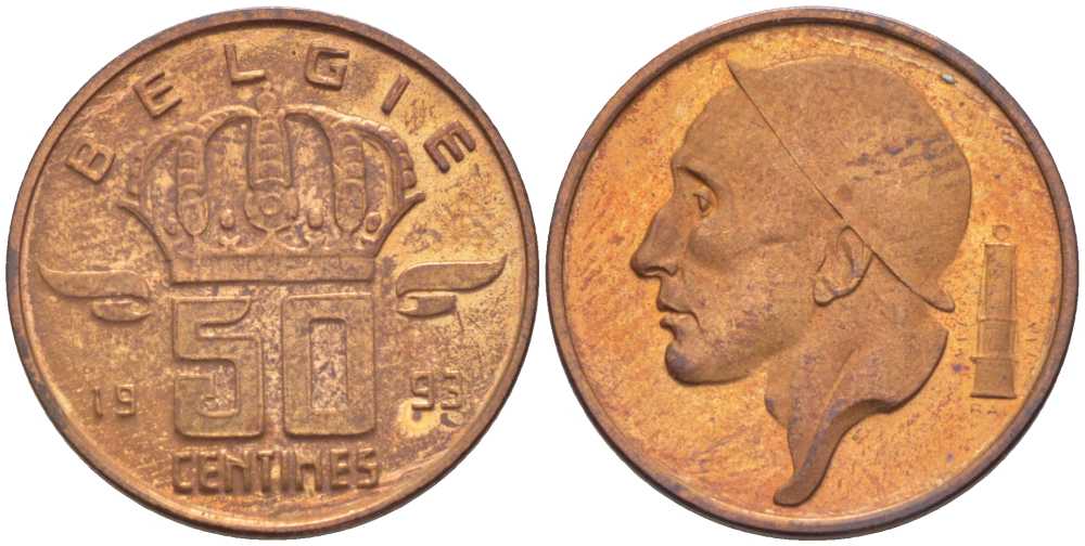 БЕЛЬГИЯ 50 САНТИМОВ 1993 BELGIE, БОДУЭН I (1951-1993) KM 149.1 бронза 214-654