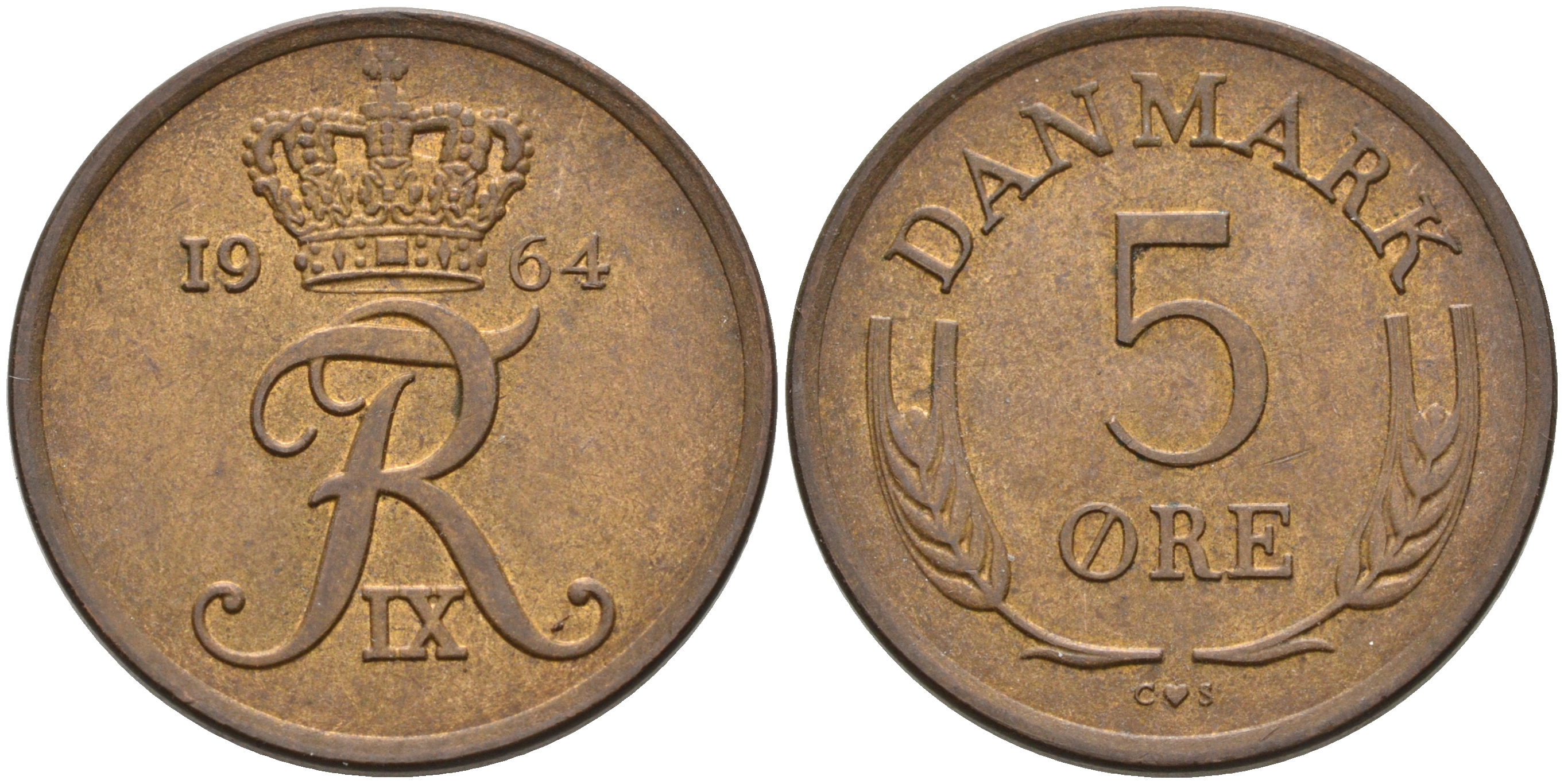 ДАНИЯ 5 ЭРЕ 1964 C; S, ФРЕДЕРИК IX (1947-1972) KM 848.1 бронза 4566-514