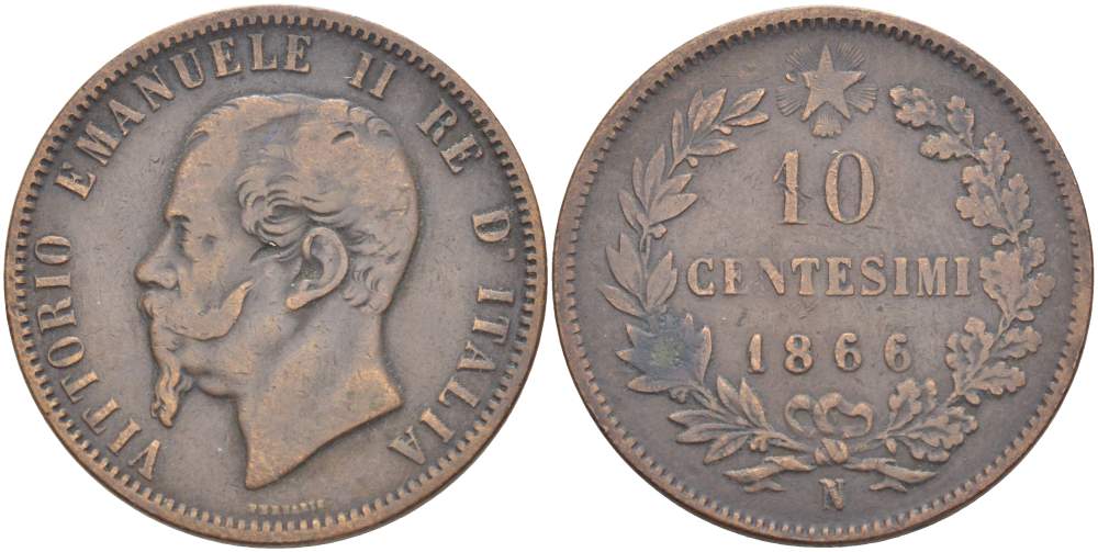 ИТАЛИЯ 10 ЧЕНТЕЗИМО 1866 N, МОНДВОР НЕАПОЛЬ, ВИКТОР ЭММАНУИЛ II (1861-1878) KM 11.4 медь 4526-831