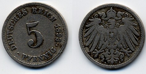 ГЕРМАНИЯ 5 ПФЕННИГОВ 1893 A, KM 11, J. 12 медно-никель 51-5242