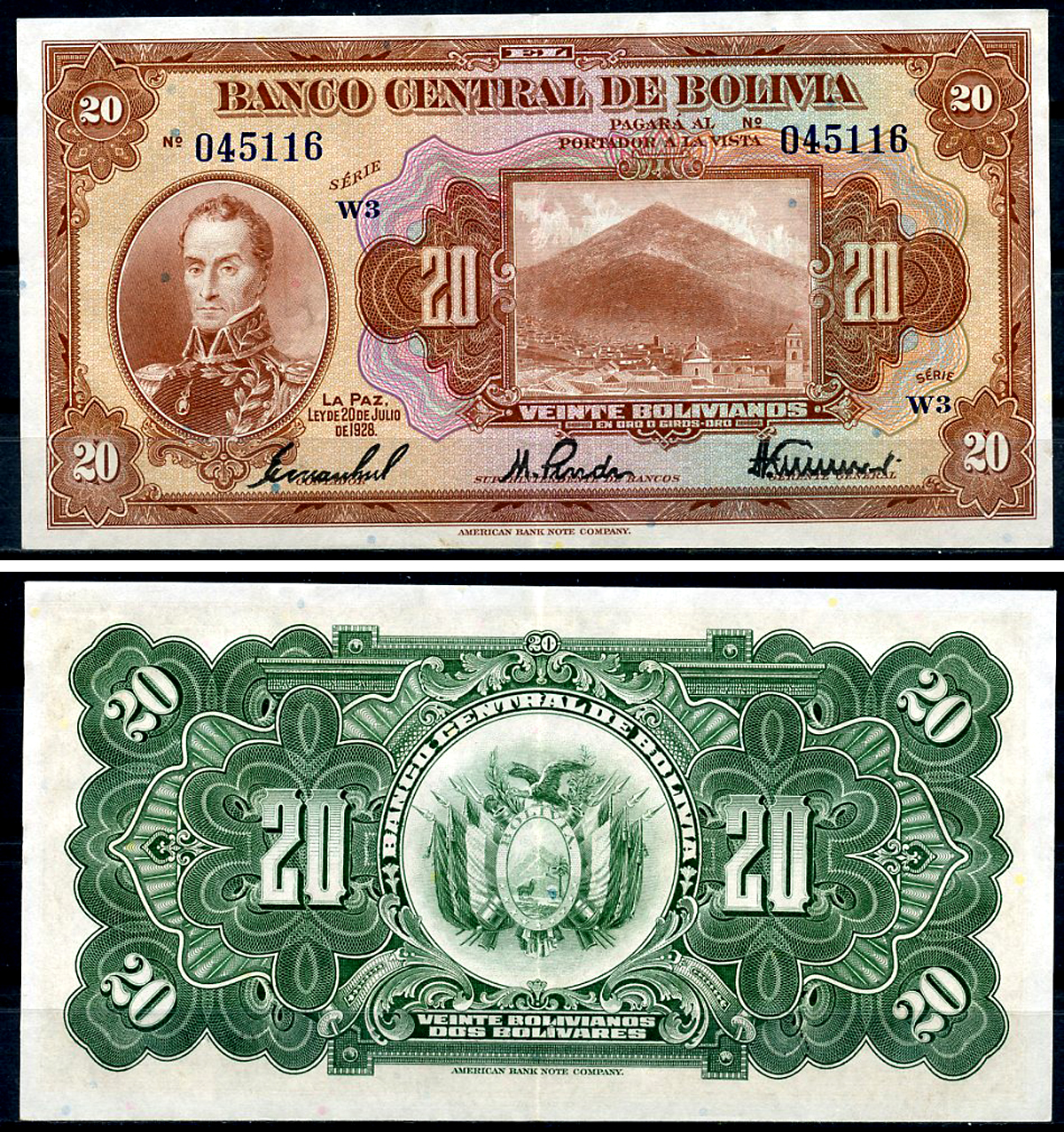 Боливия 20 боливиано 1928 Симон Боливар, Потоси, серия W3 Pick 122 a (9)  бумага  aUNC 444-36-3-2