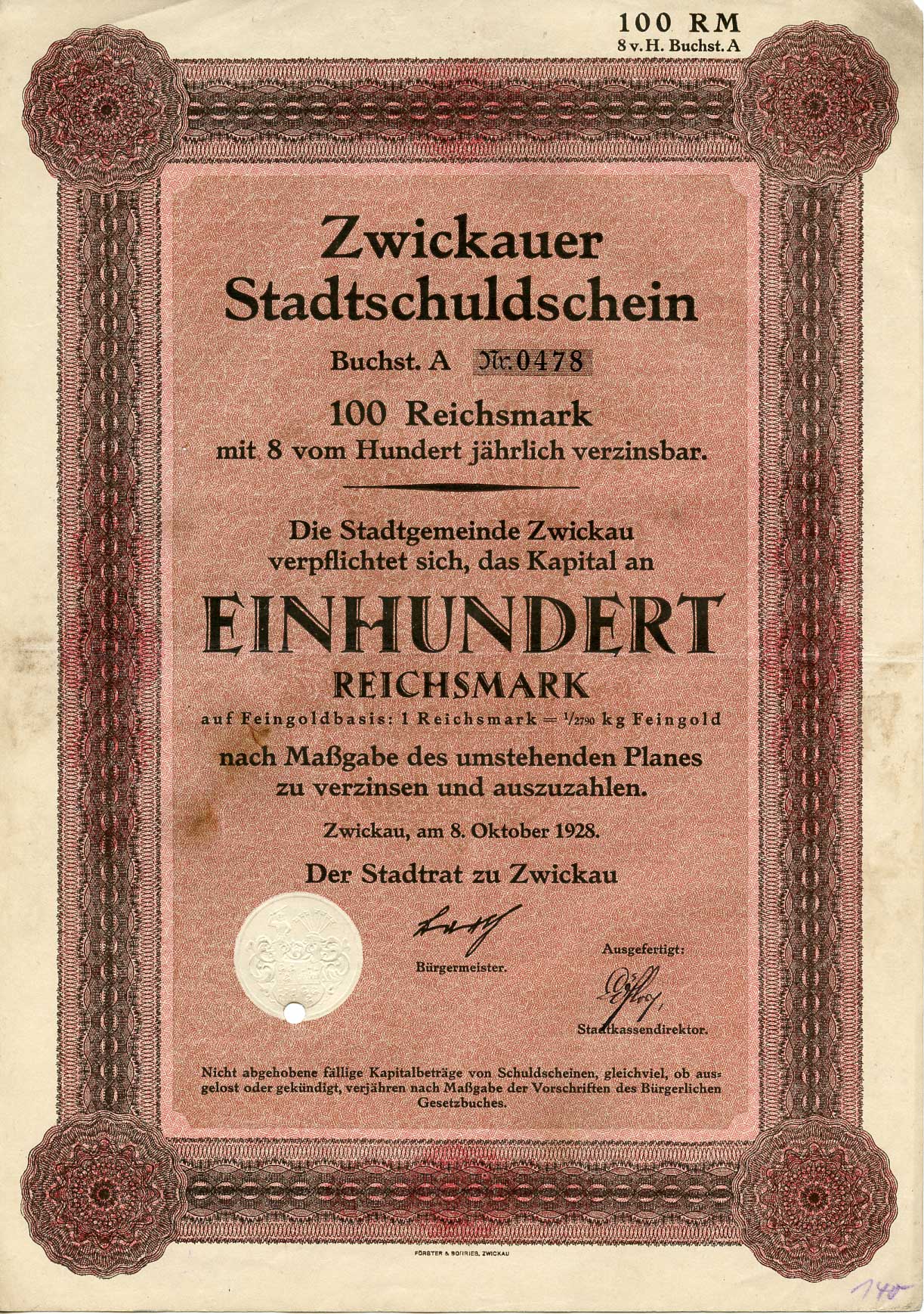 Германия 100 рейхсмарок 1928 Город Цвиккау долговая расписка 8%, облигация   бумага   8802-30-1