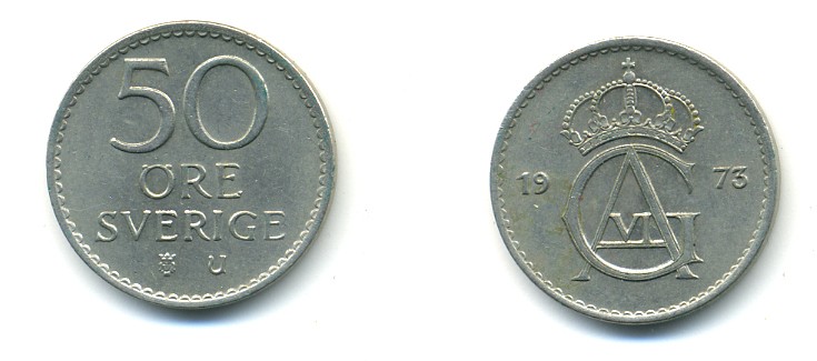 Швеция 50 эре 1973 U, Густав VI Адольф (1950-1973) KM 837 медно-никель 80-332