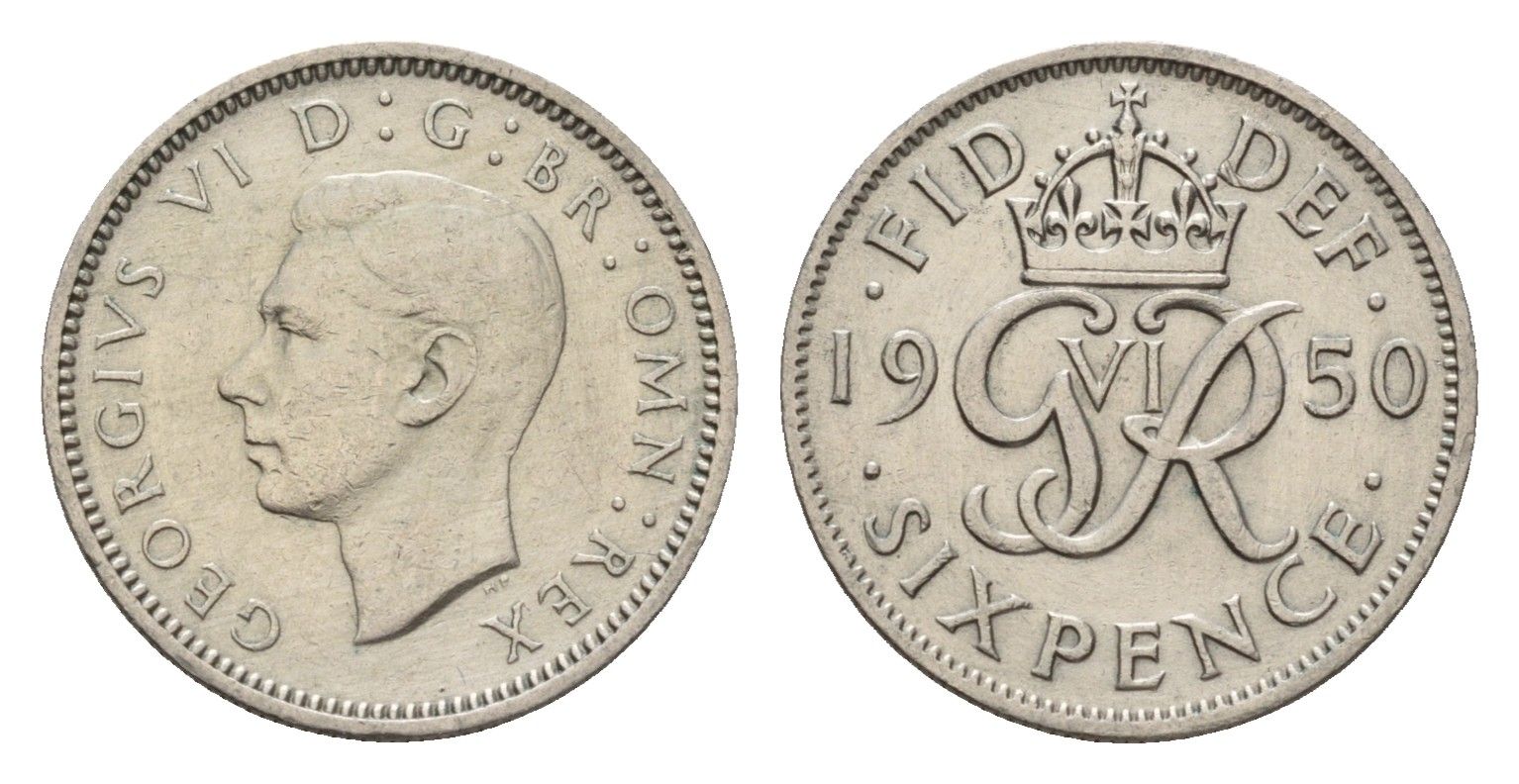 Великобритания 6 пенсов 1950 Георг VI (1936-1952) KM 875, Spink 4110 медно-никель 4651-1054