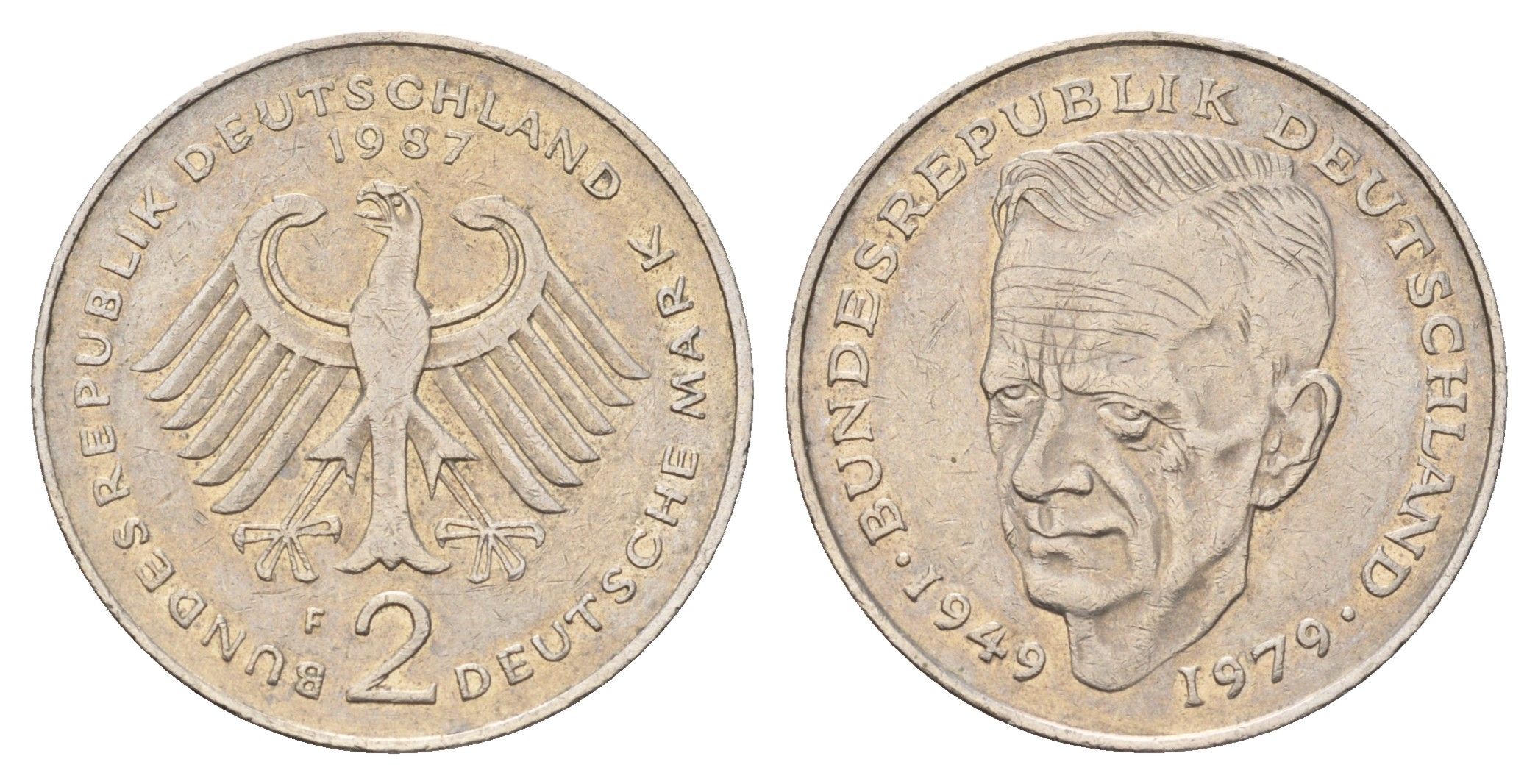 ФРГ 2 марки 1987 F, Курт Шумахер, 30 лет Федеративной Республике KM 149, J. 424 медно-никель плакированный никелем 183-213