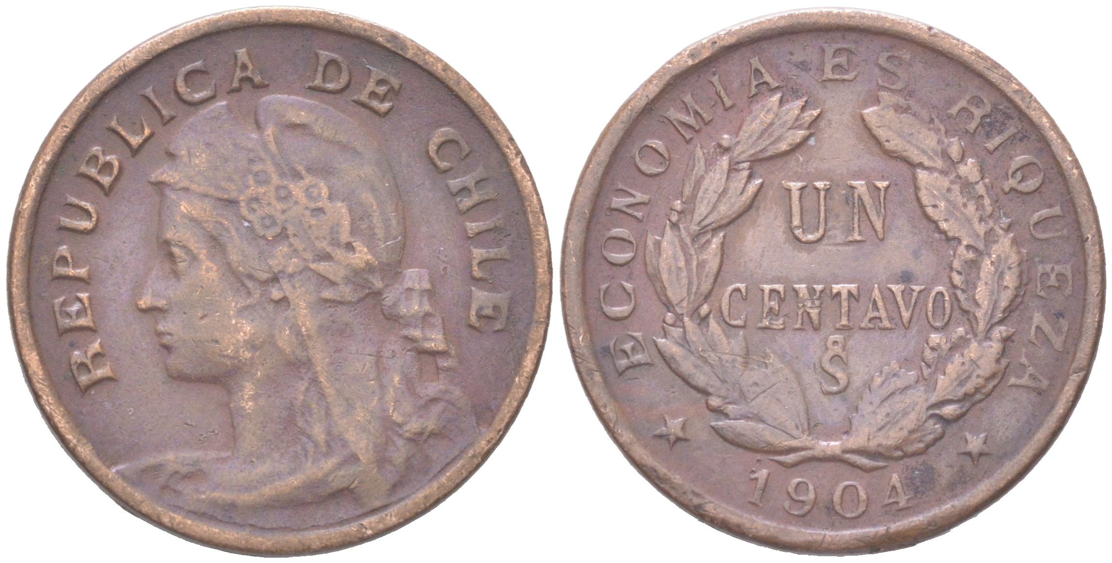 Чили 1 сентаво 1904 KM 161.1 медь 4621-711