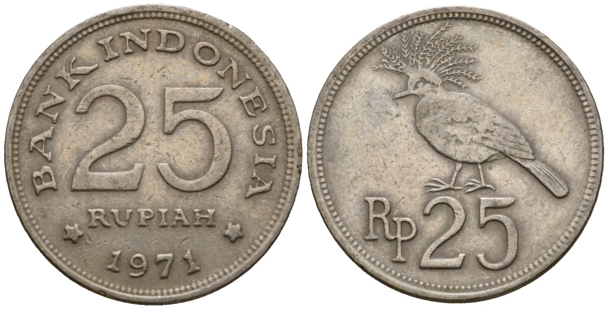 Индонезия 25 рупий 1971 венценосный голубь KM 34 медно-никель UNC 4602-116