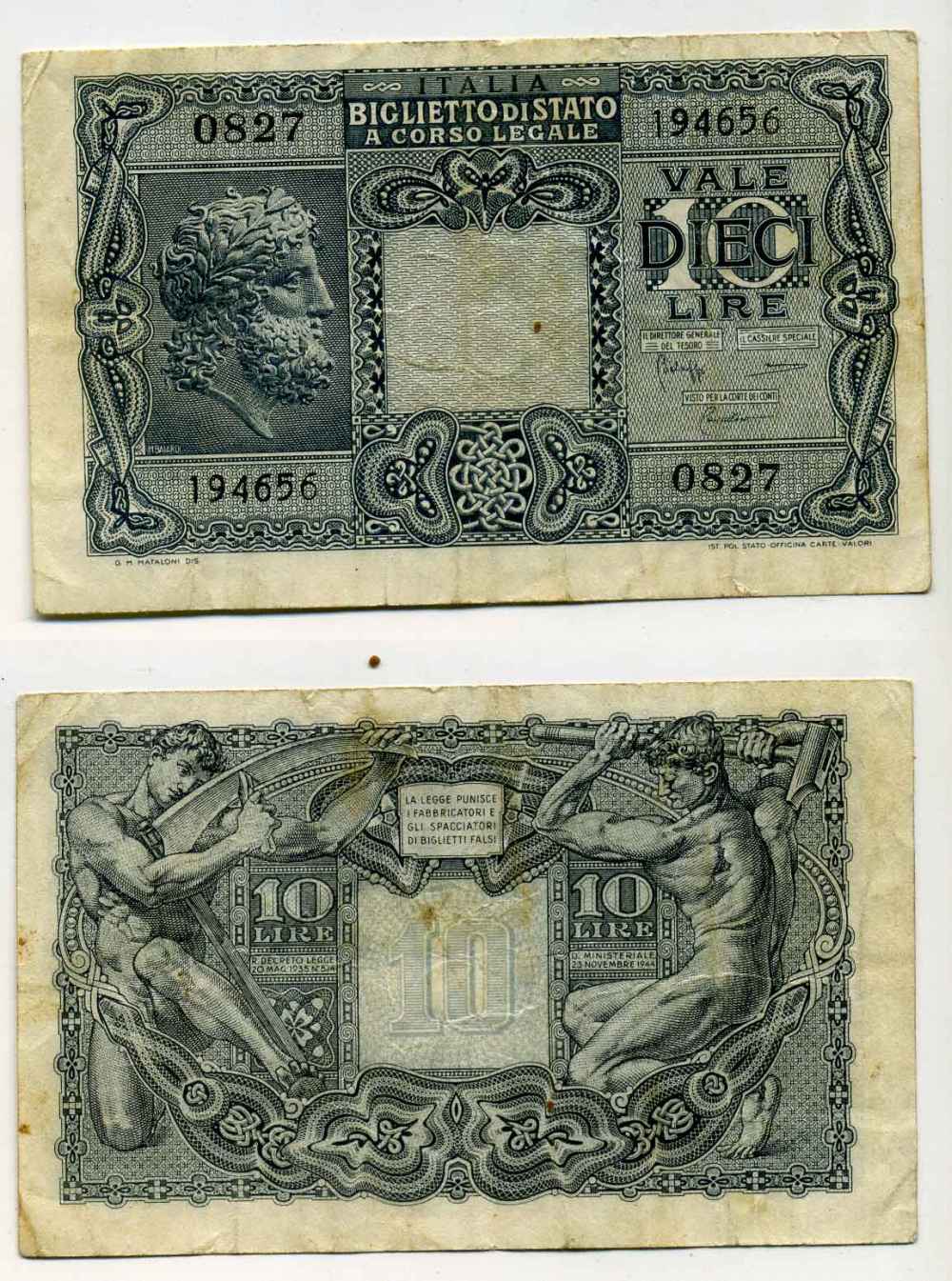 Италия 10 лир 1944 BoLaffi, CavalLaro Pick 32c, Grapanzano BS 49 бумага 8588-8-3-2