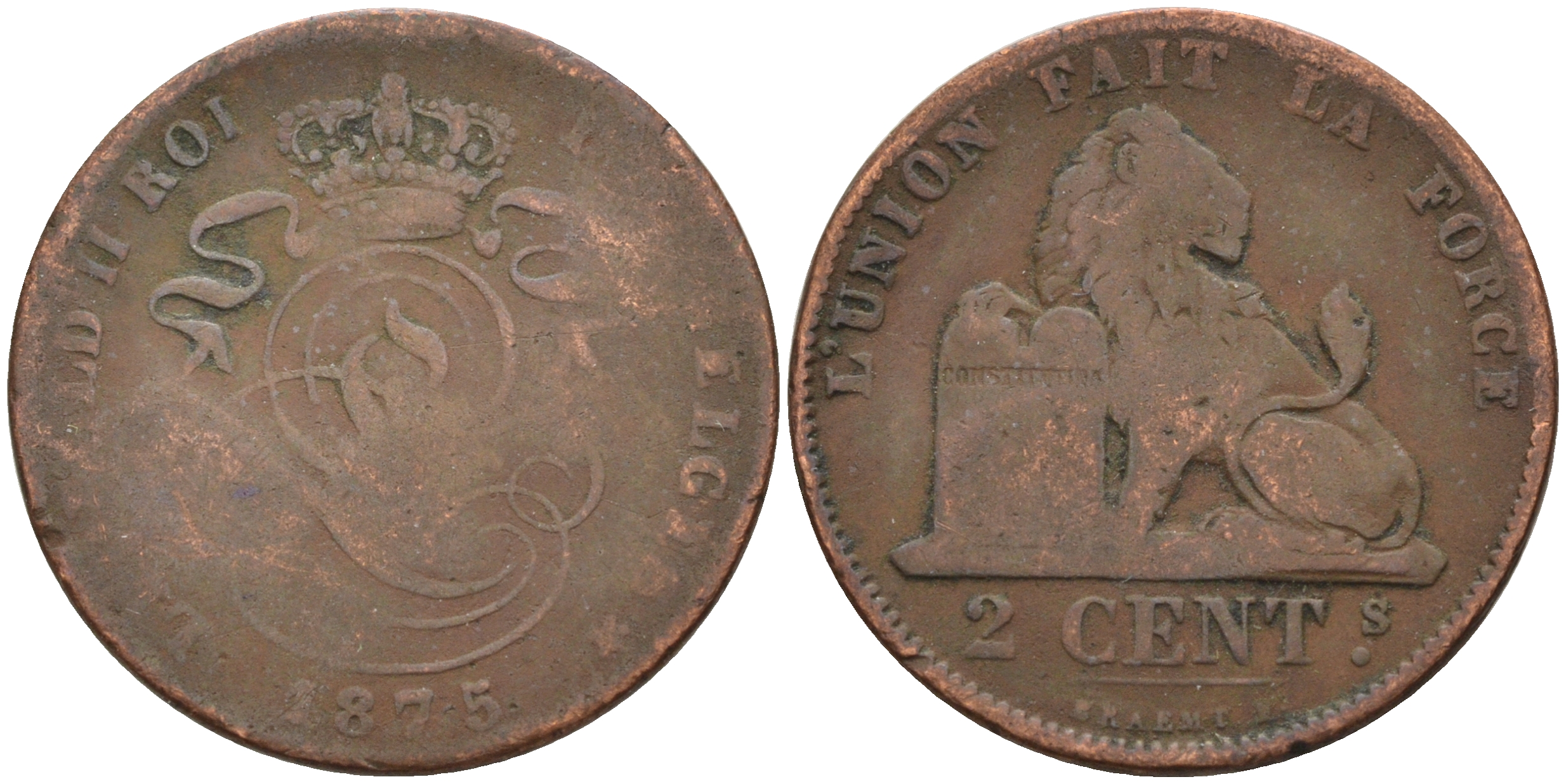 Бельгия 2 сантима 1875 Belges KM 35.1 медь 4595-217