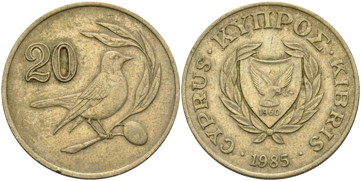 Кипр 20 центов 1985 KM 57.2 никель латунь 4140-734
