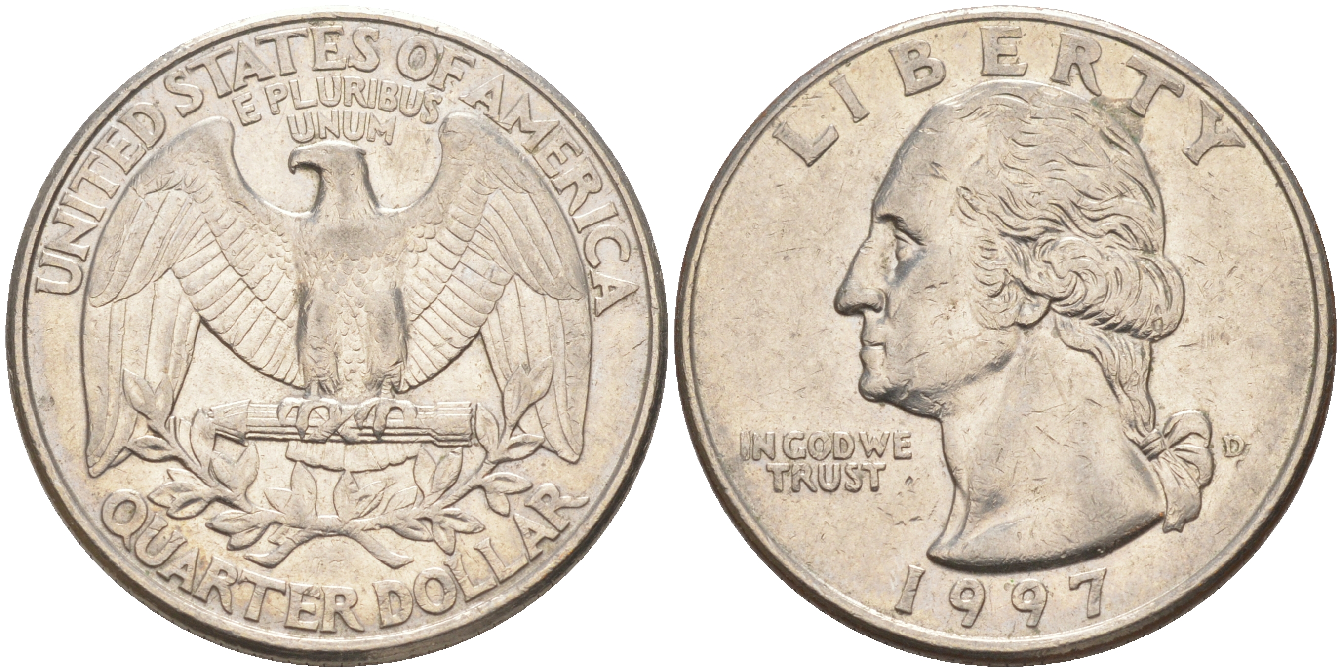 США 25 центов = квотер 1997 D, Вашингтон KM А164а медь плакированная медно-никелем 4114-943
