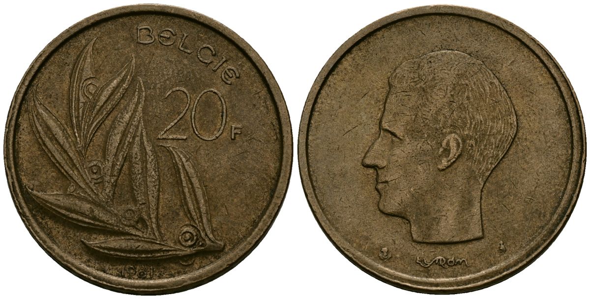Бельгия 20 франков 1981 KM 160 никель бронза 4577-454