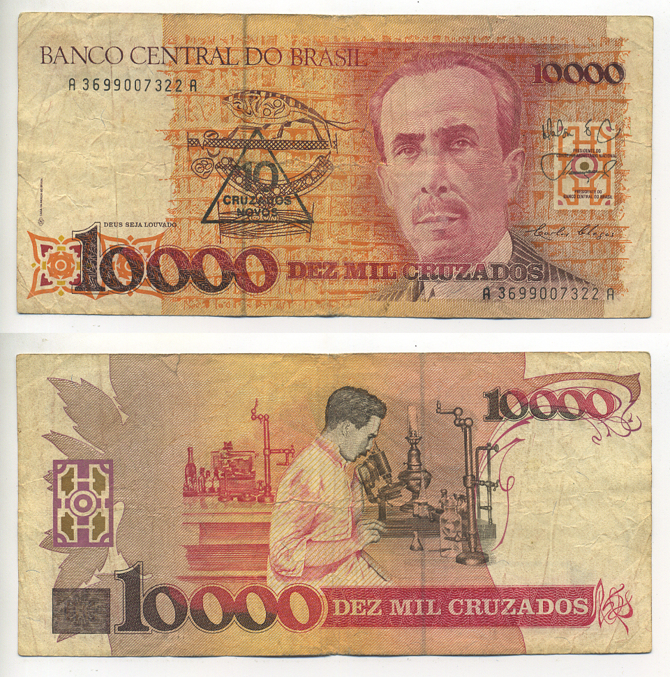 БРАЗИЛИЯ 10 КРУЗАДО НОВЫХ 1989 НАДПЕЧАТКА НА 10000 КРУЗАДО, СЕРИЯ А 3699, КАРЛУС ШАГАС БРАЗИЛЬСКИЙ МЕДИК Pick 218а бумага 7548-17-2