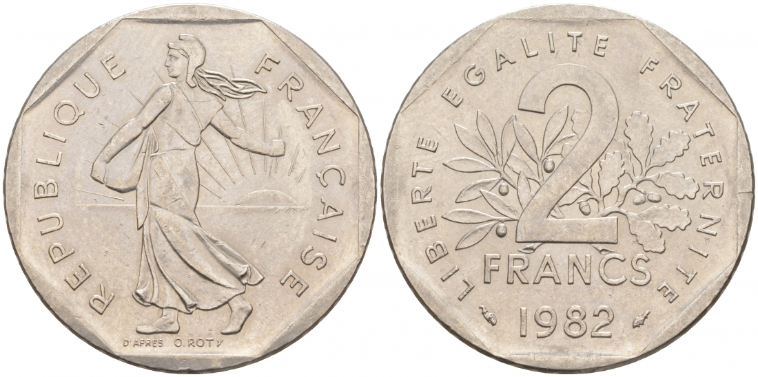 ФРАНЦИЯ 2 ФРАНКА 1982 СЕЯТЕЛЬ KM 942.1, LE FRANC 272.6 никель 3855-714