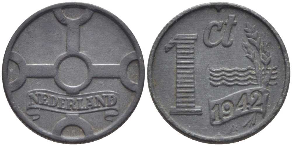 НИДЕРЛАНДЫ 1 ЦЕНТ 1942 ВИЛЬГЕЛЬМИНА (1890-1948) KM 170 цинк 206-1135