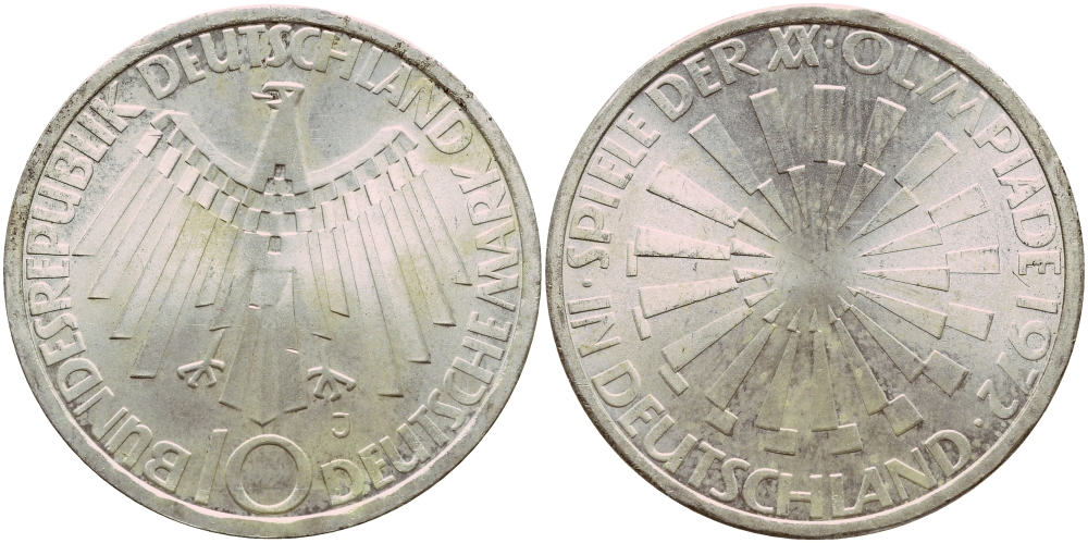 ФРГ 10 МАРОК 1972 J, ОЛИМПИАДА, СПИРАЛЬ J 401b, KM 134.1 серебро aUNC 1522-343