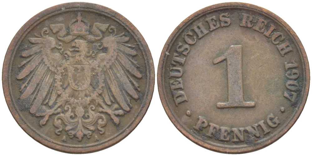 ГЕРМАНИЯ 1 ПФЕННИНГ 1907 А KM 10, J. 10 медь 201-925