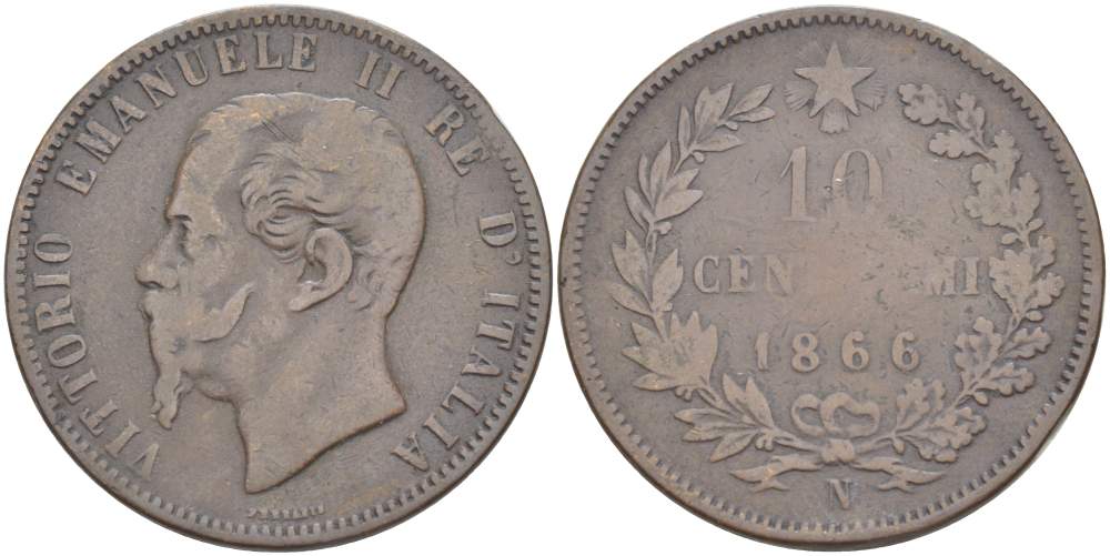ИТАЛИЯ 10 ЧЕНТЕЗИМО 1866 N, МОНДВОР НЕАПОЛЬ, ВИКТОР ЭММАНУИЛ II (1861-1878) KM 11.4 медь 4526-825