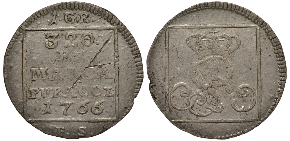 Польша 1 грош 1766 FS, Станислав Август Понятовский (1764-1795), вес 1,74 гр., Варшавский монетный двор KM 183 (C47), Kopinski 396.1a серебро 1516-1142