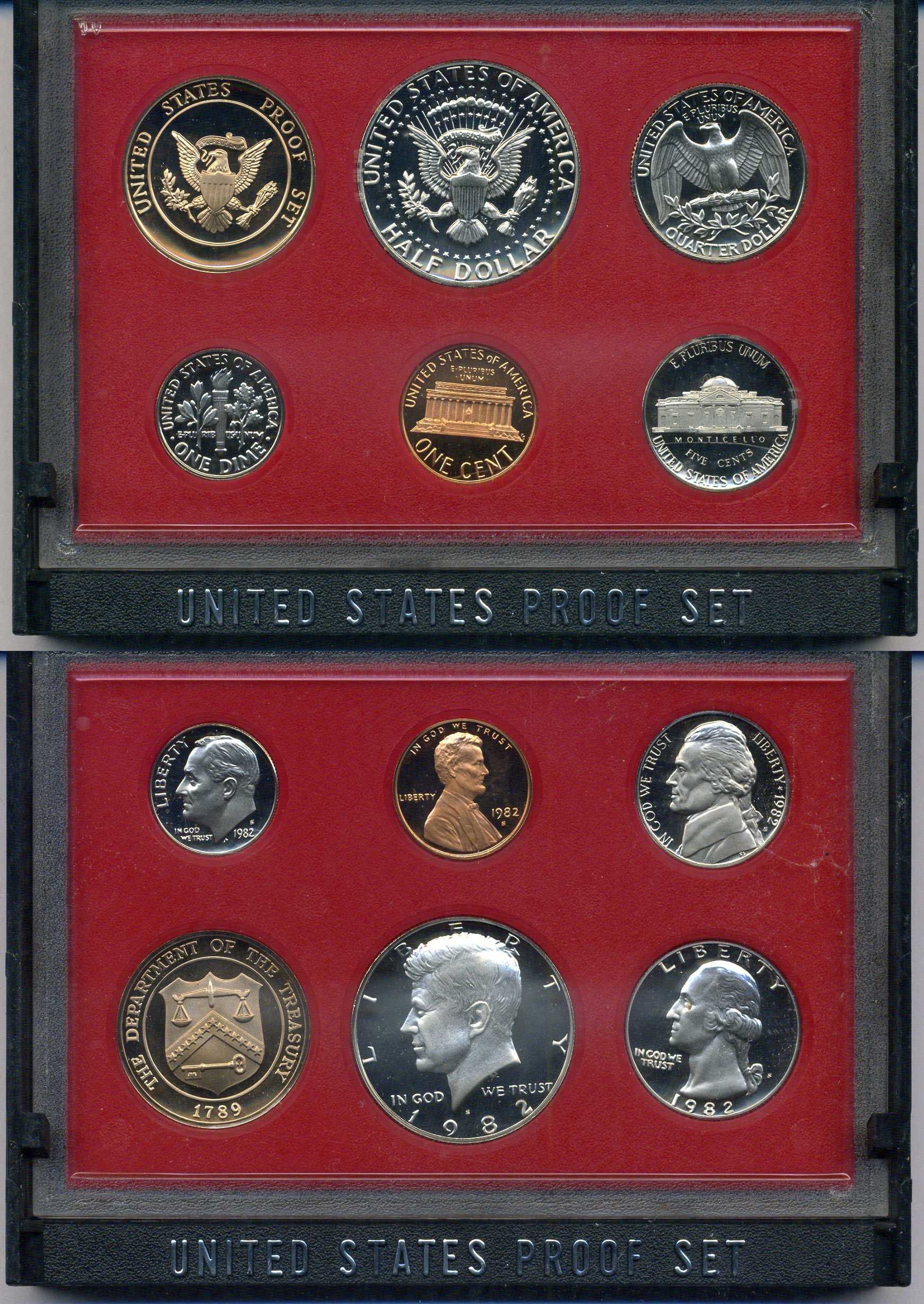 США годовой набор из 5 монет (1, 5, 10, 25 и 50 центов) и жетона монетного двора 1982 в оригинальной упаковке KM PS148 (164a, A192, 195a, 201 и 202b) PROOF 8-2-02-31