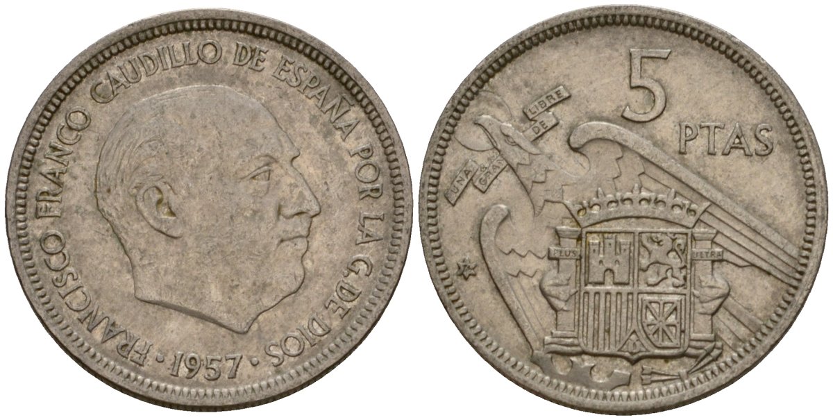 Испания 5 песет 1957 (74) Франсиско Франко (1939-1975) KM 786 медно-никель 186-817