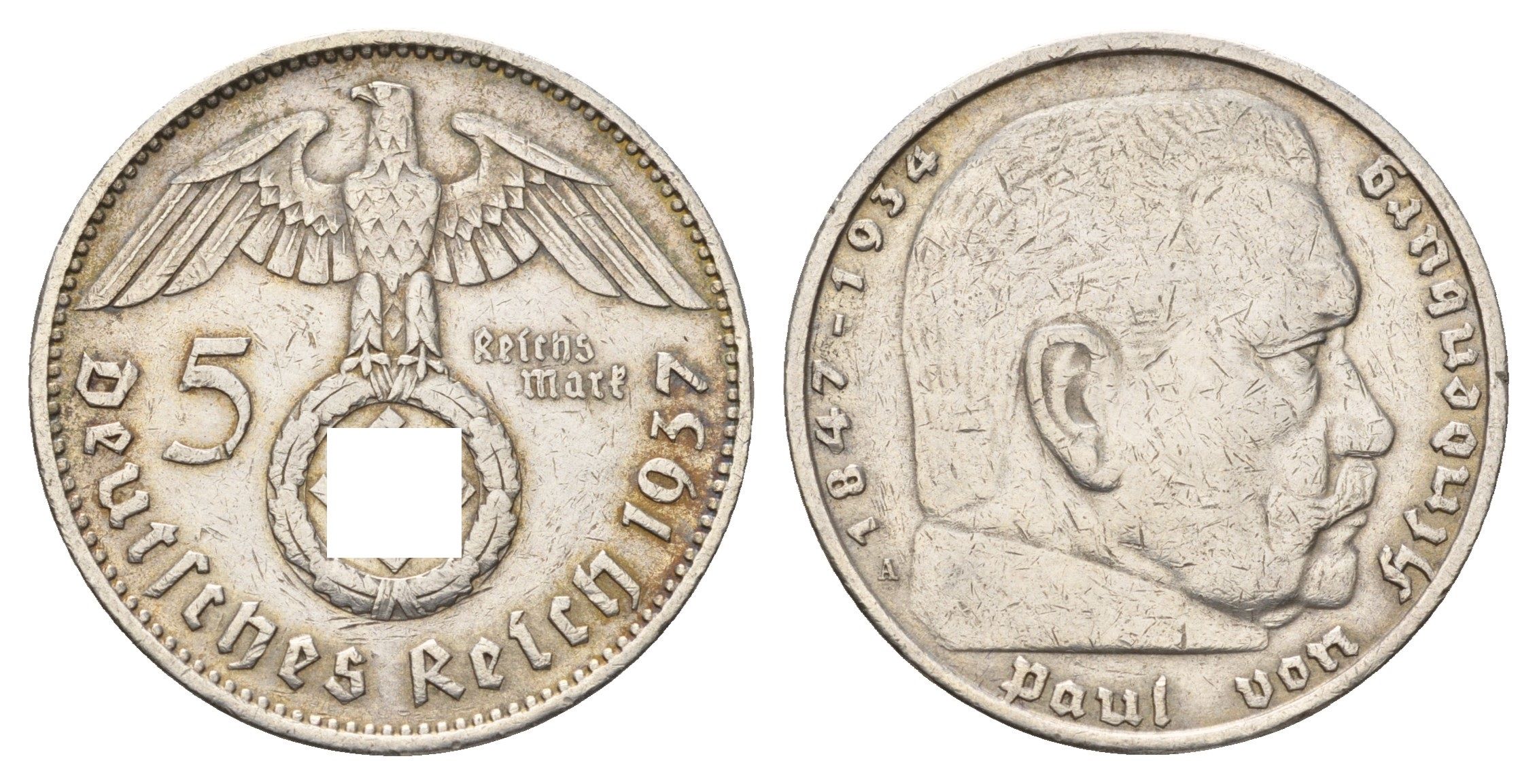 Германия 5 рейхсмарок 1937 A, Пауль фон Гинденбург (1847-1934) KM 94, J. 367 серебро 1518-1143