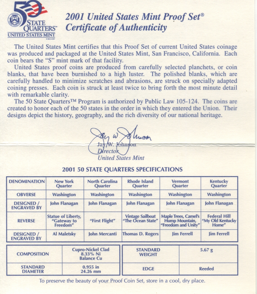 США 2 официальных набора в одном 2001 S, два пруфсета в пластиковых коробках, регулярный чекан и 5 квотеров штаты, в оригинальной коробке с сертификатом PROOF 00-00