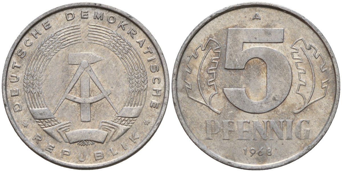 ГДР 5 пфеннигов 1968 A KM 9.1 алюминий 211-916