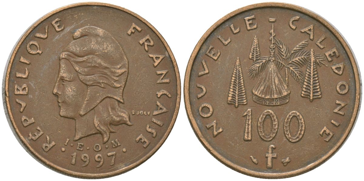 Французская Новая Каледония 100 франков 1997 хижина среди сосен и пальм, (IEOM) KM 15, Schoen 16, Lec 139а никель латунь 4140-1042