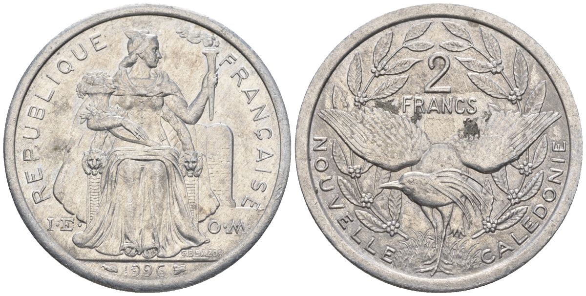 Французская Новая Каледония 2 франка 1996 птица кагу, (IEOM) KM 14, Schoen 11, Lec 68a алюминий    23-1044