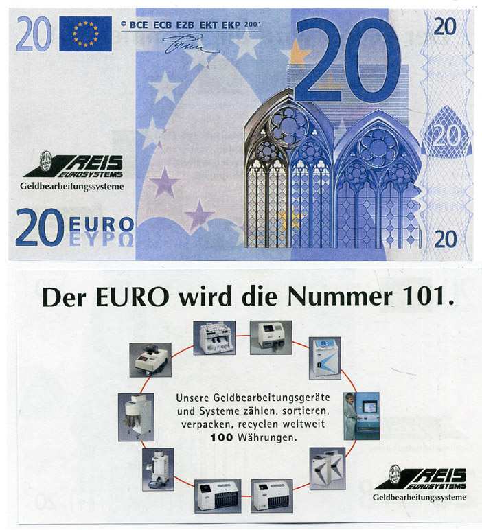 ГЕРМАНИЯ 20 ЕВРО 2001 ПРОБНЫЕ ЕВРОБАНКНОТЫ, ФИРМА REIS EUROSYSTEMS бумага UNC (ПРЕСС) 8613-1-2-2