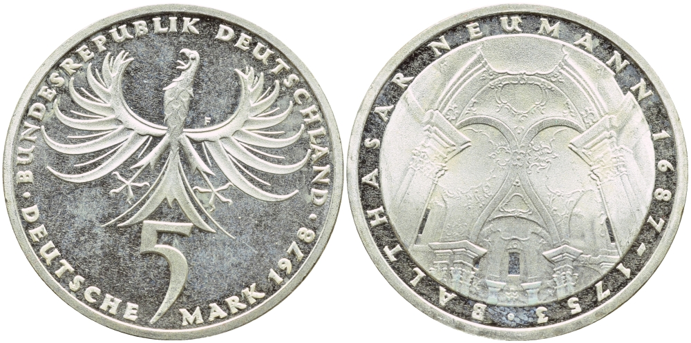 ФРГ 5 марок 1978 F, 225 лет со дня смерти Бальтазара Неймана KM 148, J.423 серебро UNC 4394-115