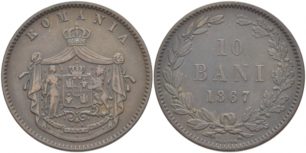 Румыния 10 бани 1867 монетный двор Heaton (Хитон), Кароль I как принц (1866-1881) KM 4.1 медь 1515-2134