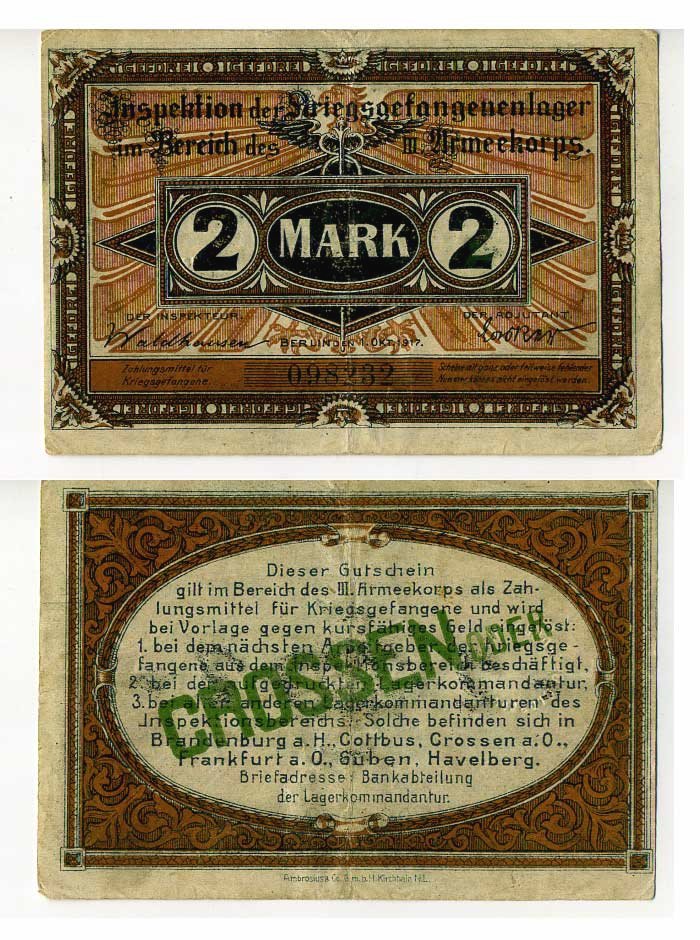 Германия 2 марки 1917 инспекция лагерей военнопленных в Кроссене, III-ий Армейский корпус C-2851 бумага 504-89-1-2