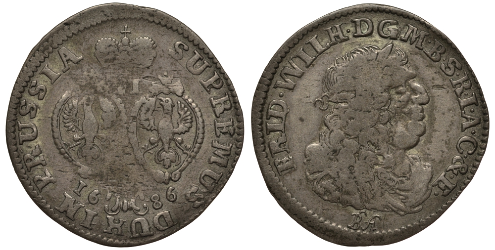 Бранденбург-Пруссия 6 грошей 1686 BA, Фридрих Вильгельм (1640-1688), вес 3,3 гр. KM 429 серебро 1516-321