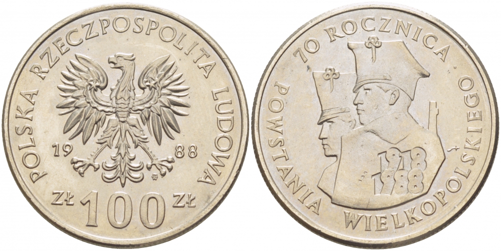 ПОЛЬША 100 ЗЛОТЫХ 1988 MW, 70 ЛЕТ ВЕЛИКОПОЛЬСКОГО ВОССТАНИЯ KM 182 медно-никель UNC 3996-121