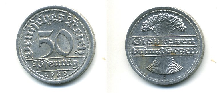 ГЕРМАНИЯ 50 ПФЕННИГОВ 1920 F KM 27, J. 301 алюминий 04-554